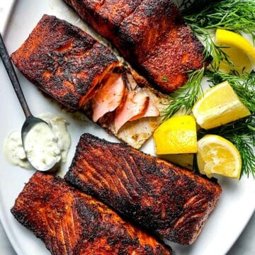 Blackened Salmon on platter foodiecrush.com