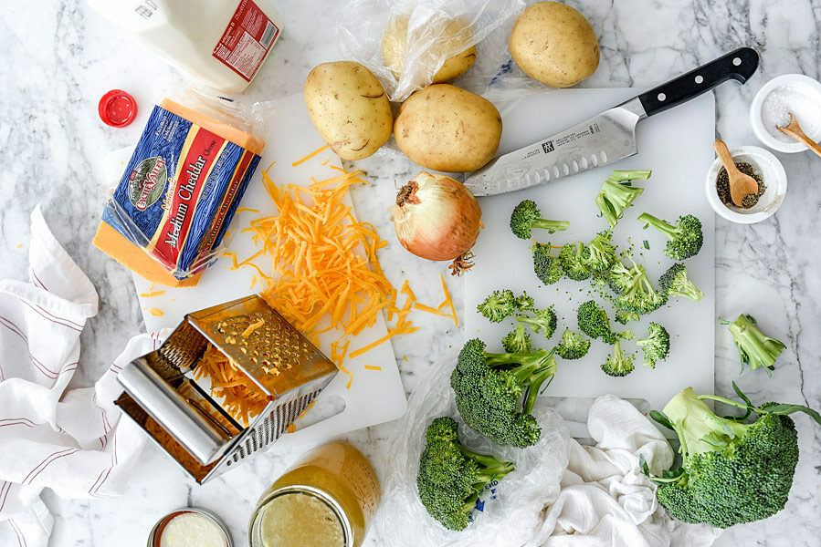 broccoli potato cheese soup ingredients on countertop
