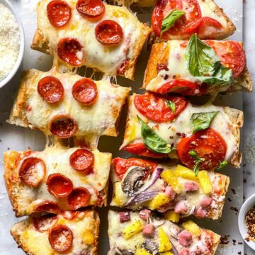French Bread Pizza cut in slices foodiecrush.com
