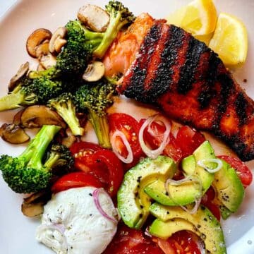 Grilled Salmon with Burrata Salad and Broccoli foodiecrush.com