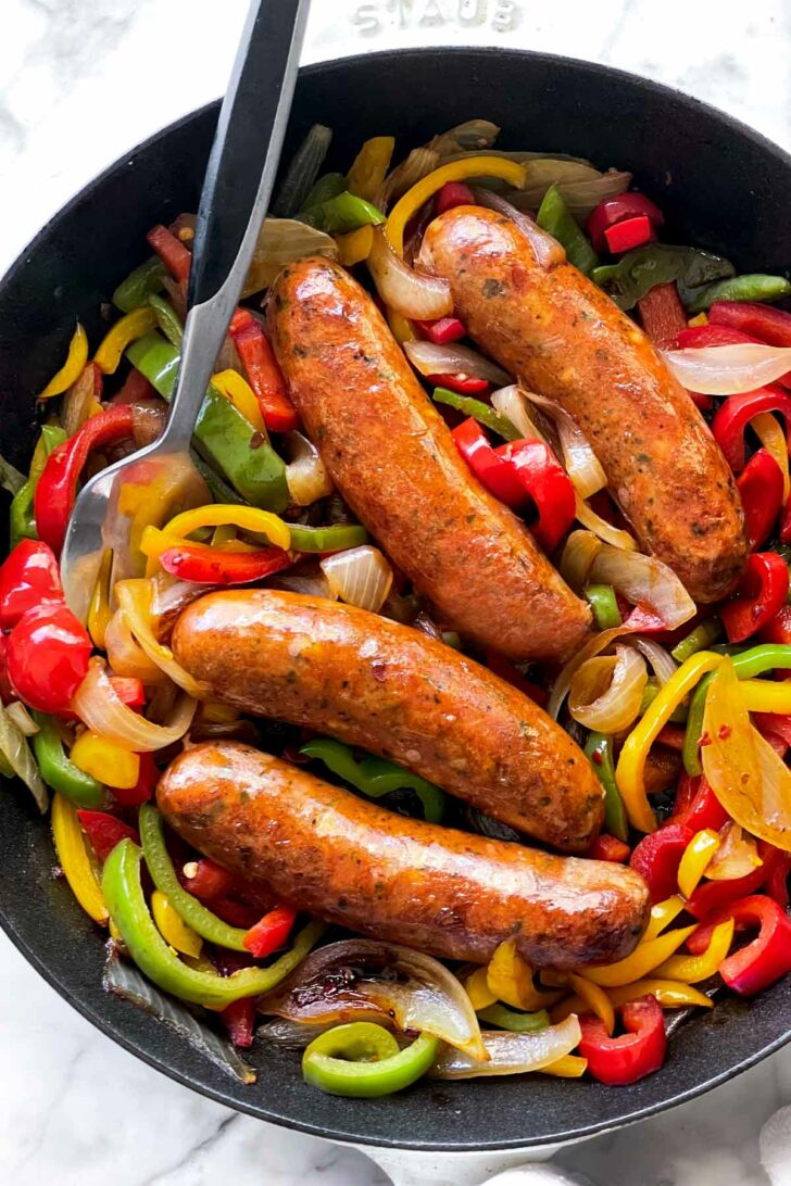 Sausage and Peppers in skillet foodiecrush.com