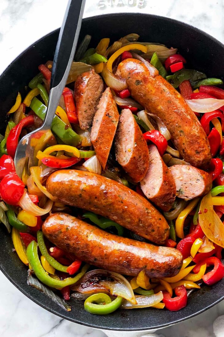 Sausage and Peppers in skillet foodiecrush.com