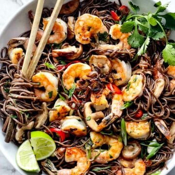 Soba Noodles with Shrimp in bowl with chopsticks foodiecrush.com