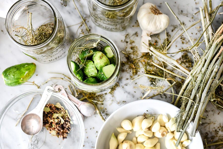 making garlic dill spicy pickles