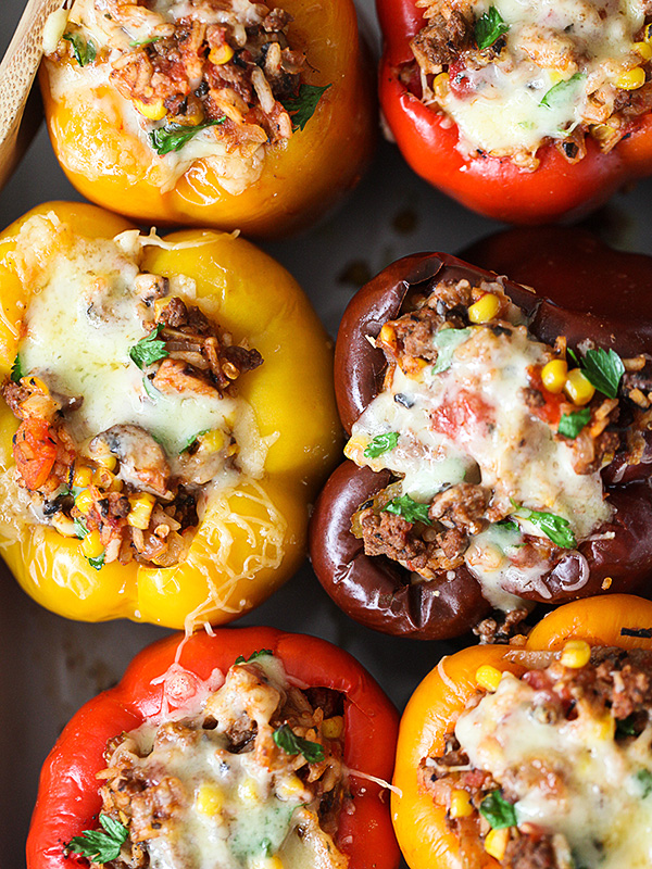 Ground Beef Stuffed Bell Peppers Recipe on foodiecrush.com #beef #healthy #stuffed #peppers #healthy #dinner #recipes 