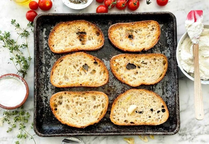 Toasted bread on baking sheet foodiecrush.com
